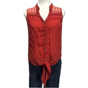 mine Tie Front Button Up Sleeveless Blouse Rust/Burnt Orange Color Medium